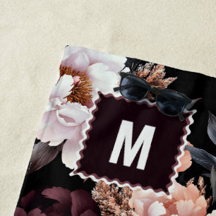 Burgundy Peonies Floral Pattern Monogram Beach Towel