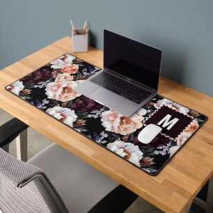 Burgundy Peonies Floral Pattern Monogram Desk Mat