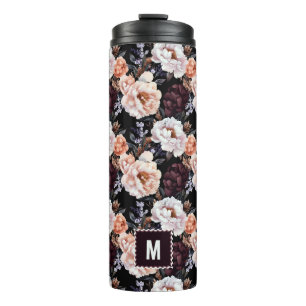 Burgundy Peonies Floral Pattern   Monogram Thermal Tumbler