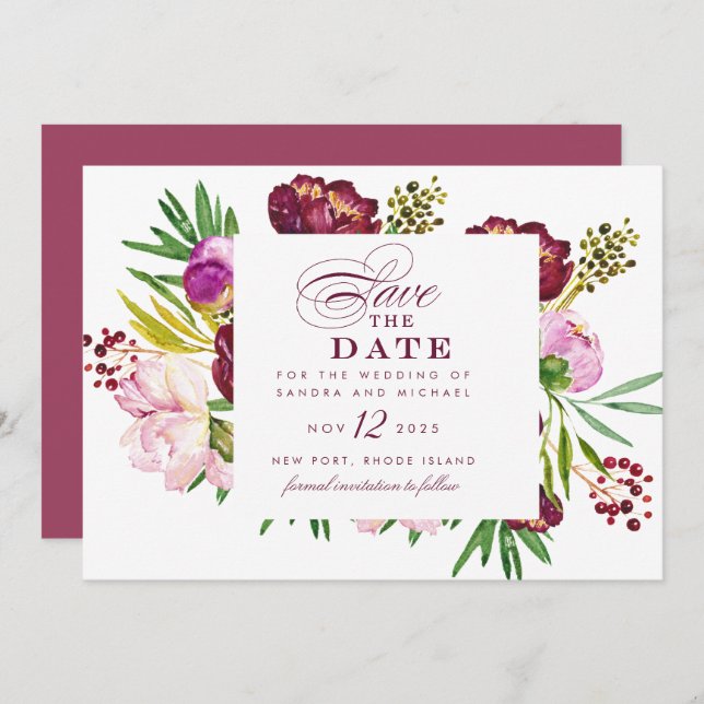 Burgundy Peonies Floral Save the Date Invitation (Front/Back)