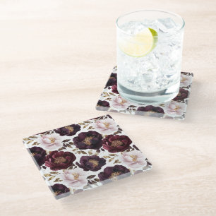 burgundy peonies flowers with gold glitter glass coaster