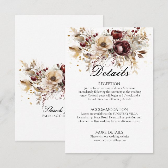 Burgundy Peonies Wedding Details Enclosure Card (Front/Back)