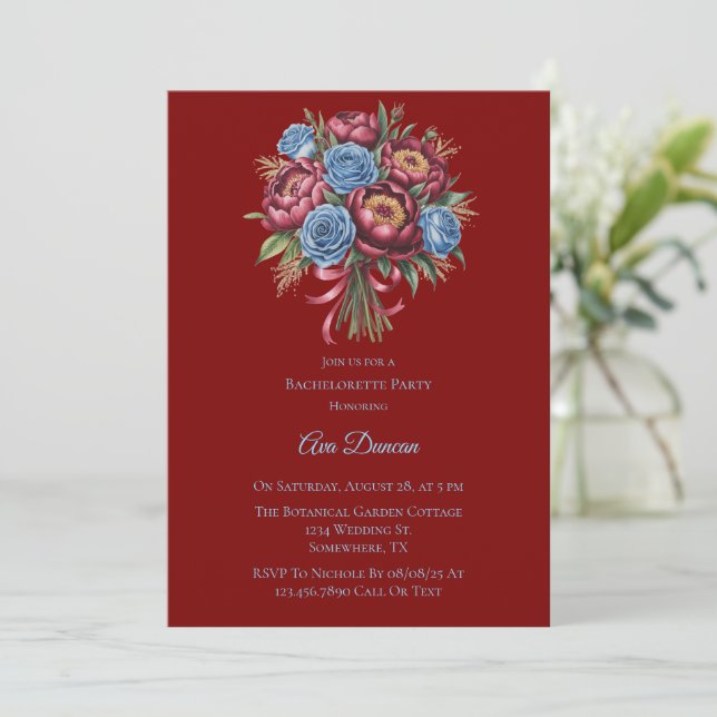 Burgundy Peony and Blue Rose Bachelorette Party Invitation (Standing Front)