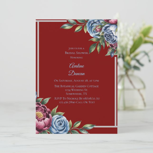 Burgundy Peony and Blue Rose Bridal Shower Invitation (Standing Front)