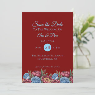 Burgundy Peony and Blue Rose Save the Date Invitation