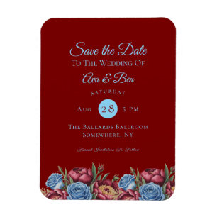 Burgundy Peony and Blue Rose Save the Date Magnet
