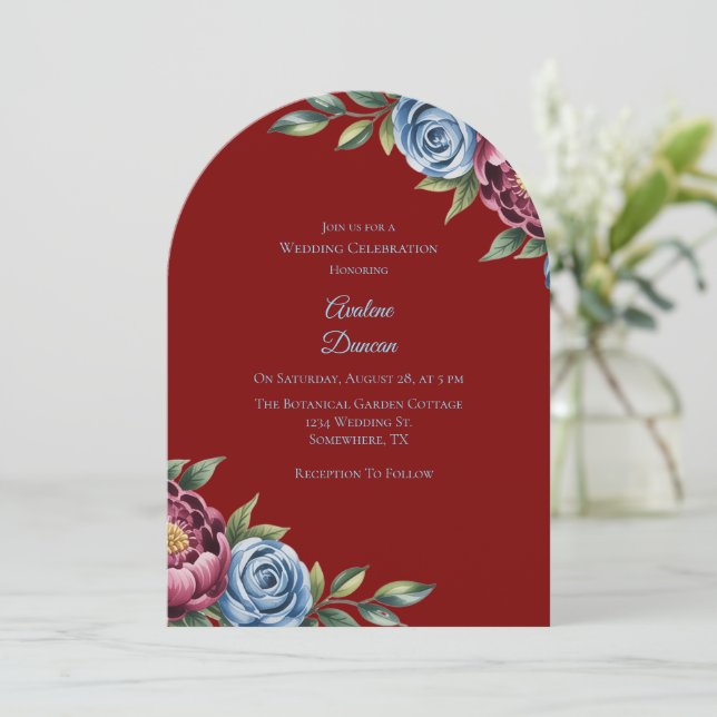 Burgundy Peony and Blue Rose Wedding Celebration  Invitation (Standing Front)