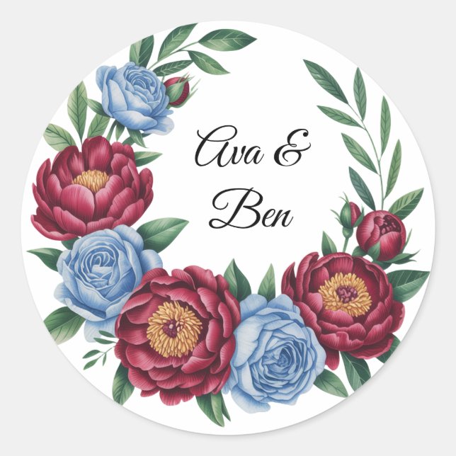 Burgundy Peony and Blue Rose Wedding Classic Round Sticker (Front)