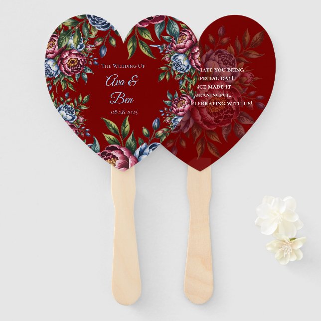 Burgundy Peony and Blue Rose Wedding Hand Fan (Front and Back)