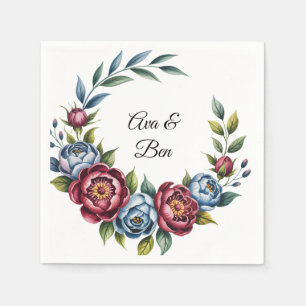 Burgundy Peony and Blue Rose Wedding Napkin