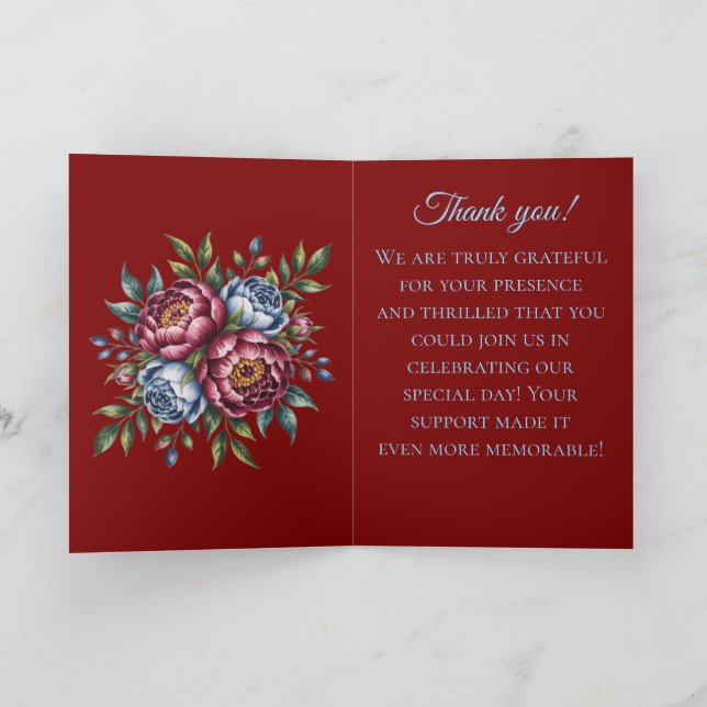 Burgundy Peony and Blue Rose Wedding Thank You Card (Inside)