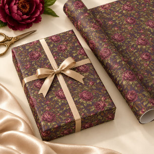 Burgundy Peony Dark Plum Botanical Wrapping Paper