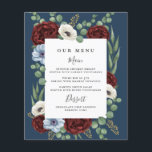 Burgundy Peony Dusty Blue Navy Wedding Menu Cards<br><div class="desc">Design features a greenery floral wreath made up of silver dollar and seeded eucalyptus. Burgundy red rose peonies, dusty blue and ivory ecru or white anemones add an elegant touch. The background is a navy blue shade with a white text box. Dark grey fonts are used with a modern layout...</div>