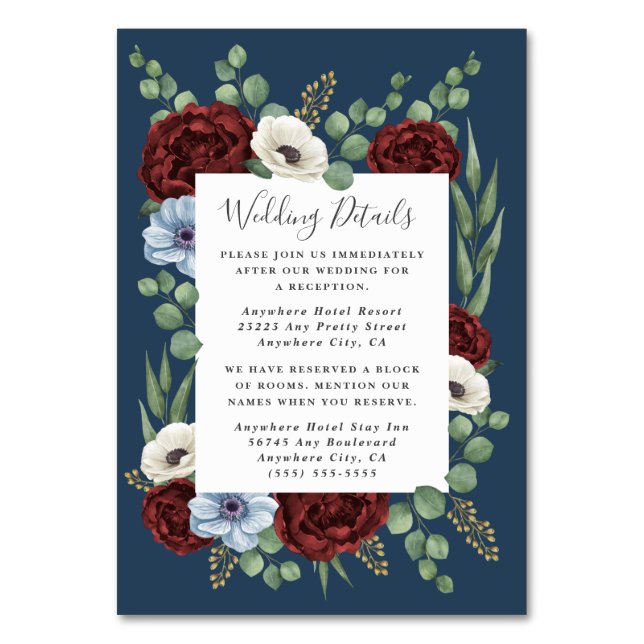 Burgundy Peony Dusty Blue Wedding Enclosure Cards (Front)