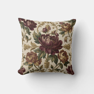 Burgundy Peony Golden Baroque Damask Pattern Cushion