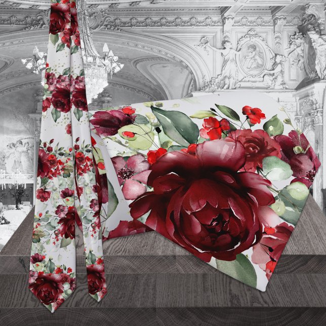 Burgundy Peony Silver Greenery Light Grey Wedding Tie (Creator Uploaded)