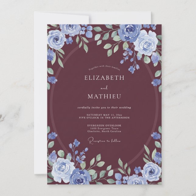 Burgundy Periwinkle Foliage Eucalyptus Wedding Invitation (Front)