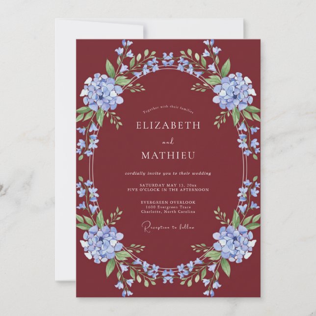 Burgundy Periwinkle Winter Wedding Invitation (Front)