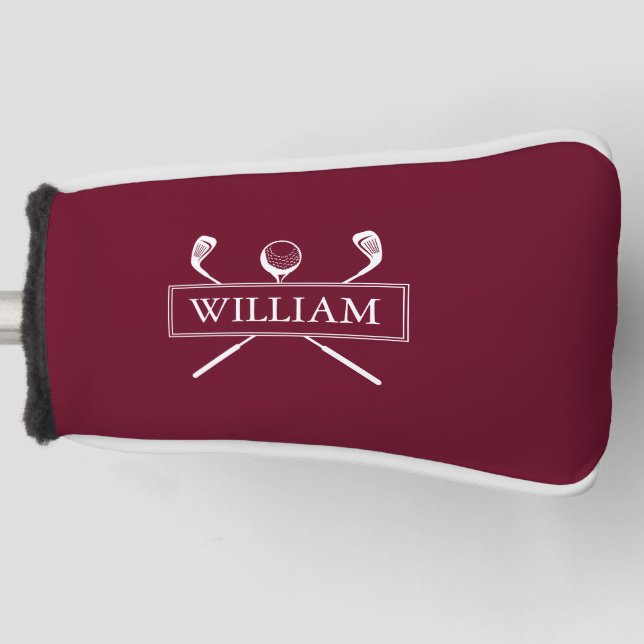 Burgundy Personalised Name Clubs And Ball Golf Head Cover (Front)