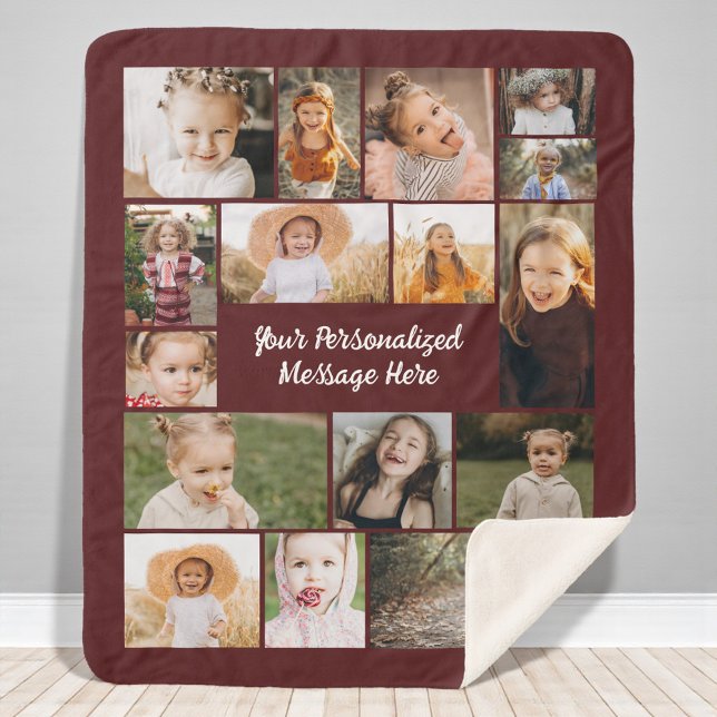 Burgundy Personalized 16 Photo Collage Custom  Sherpa Blanket (Creator Uploaded)