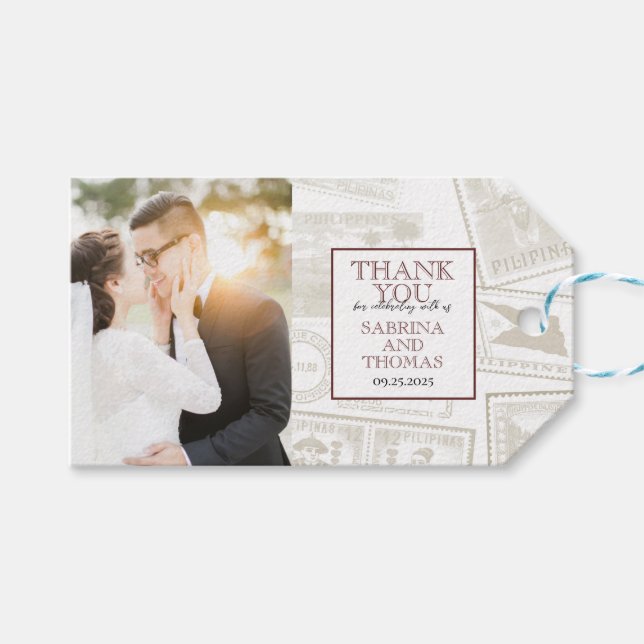 Burgundy Philippines Wedding Photo Gift Tags (Front (Horizontal))