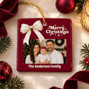 Burgundy photo bow cream Christmas Ceramic Ornament