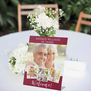 Burgundy photo collage birthday party welcome pedestal sign