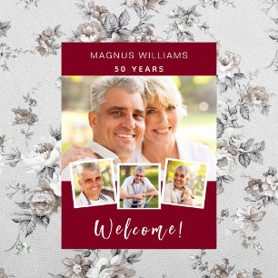 Burgundy photo collage birthday party welcome poster