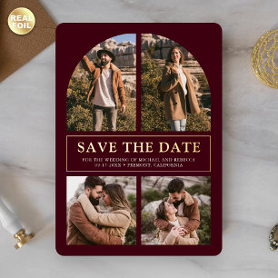 Burgundy Photo Collage Wedding Save the Date Gold