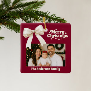 Burgundy photo cream bow Christmas Ceramic Ornament
