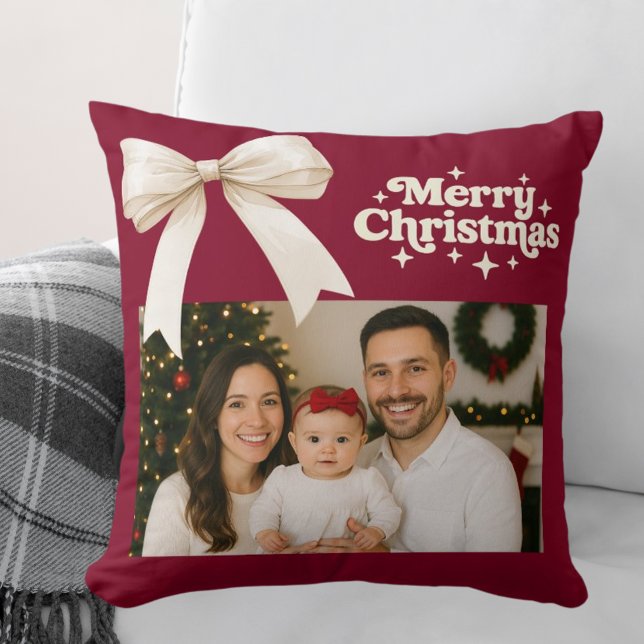 Burgundy photo cream bow Christmas Cushion (Creator Uploaded)
