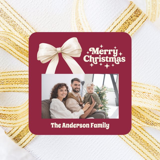 Burgundy photo cream bow retro Christmas Square Sticker (Creator Uploaded)