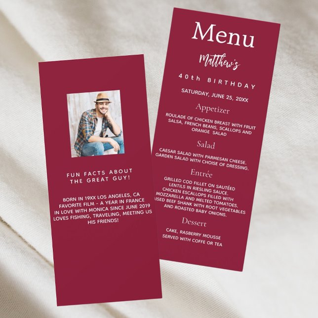 Burgundy photo fun facts birthday menu card (Creator Uploaded)