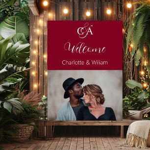 Burgundy photo monogram wedding welcome sign