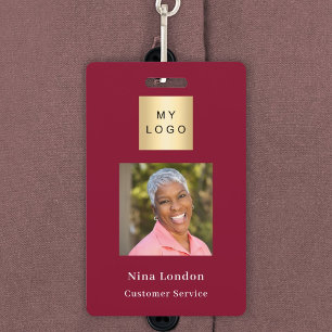 Burgundy photo name QR code business logo ID Badge