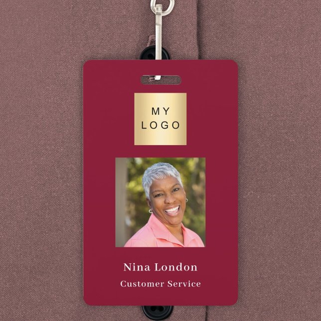 Burgundy photo name QR code business logo ID Badge (Creator Uploaded)