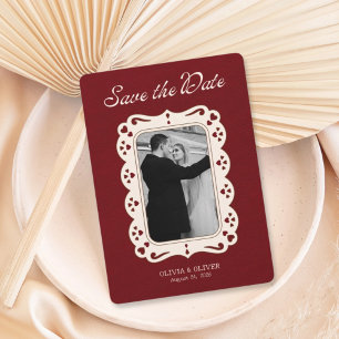 Burgundy photo retro lace save the date