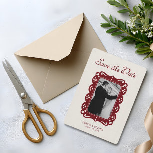 Burgundy photo retro lace save the date
