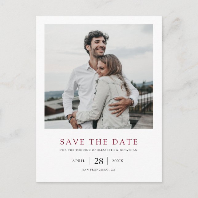 Burgundy Photo Save the Date Wedding Invitation Postcard (Front)