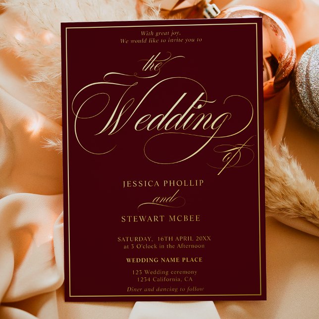 Burgundy photo script border wedding gold (Burgundy photo script border wedding gold foil invitation)