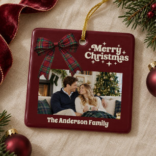 Burgundy photo tartan bow cream Christmas Ceramic Ornament