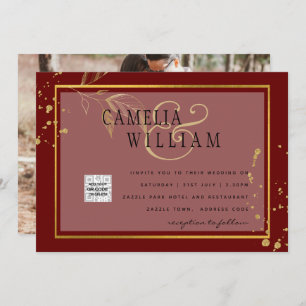 Burgundy PHOTO Wedding Invite QR Code Save Date