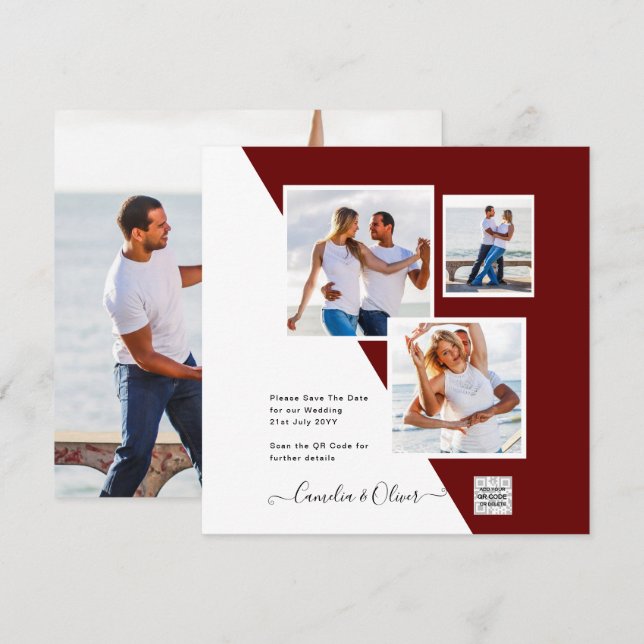 Burgundy PHOTO Wedding Invite QR Code Save Date (Front/Back)