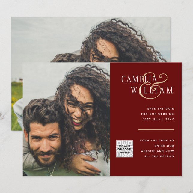 Burgundy PHOTO Wedding Invite QR Code Save Date (Front/Back)