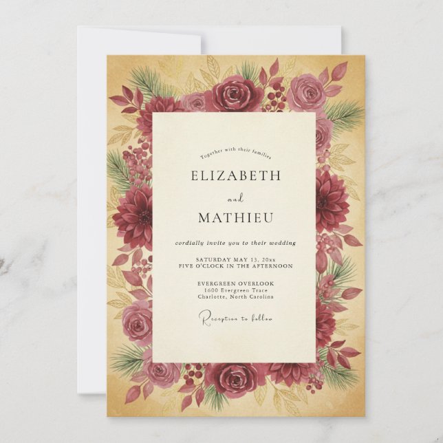 Burgundy Pine Bloom Vintage Wedding Invitation (Front)