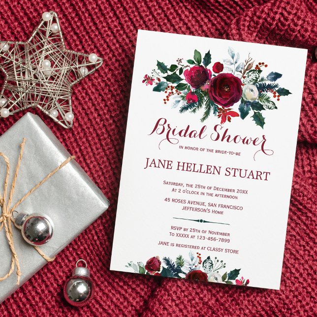Burgundy pine green winter floral bridal shower invitation (Creator Uploaded)