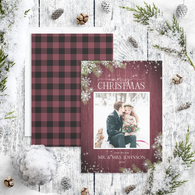 Burgundy Pine Photo New Mr & Mrs Christmas Announcement (Creator Uploaded)