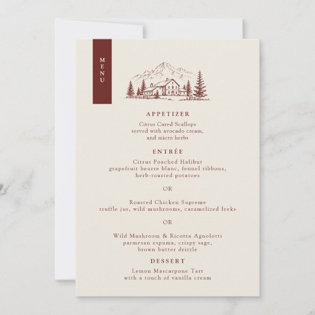 Burgundy Pine Wedding Menu Card (Front)
