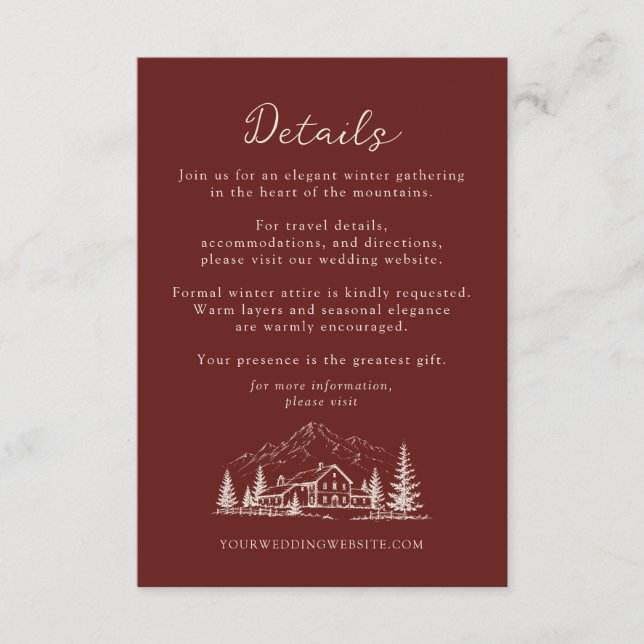 Burgundy Pine Winter Wedding Details Card (Front)