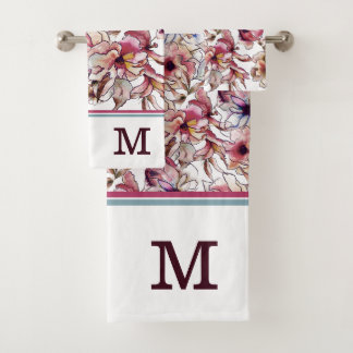 Burgundy Pink and Blue Floral Garland Watercolor Bath Towel Set